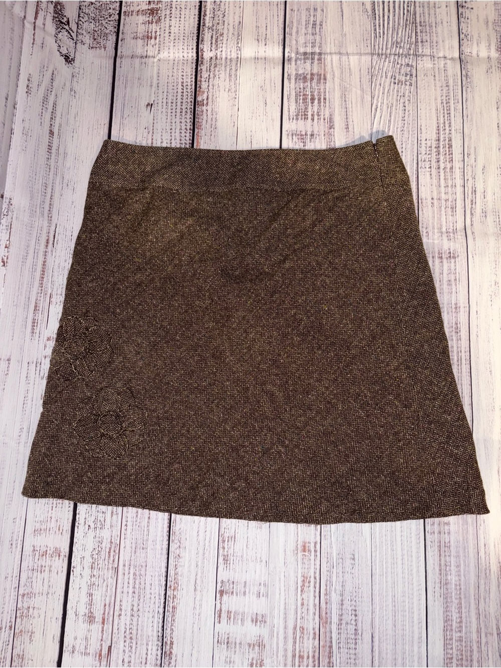 George Size 18 Brown Tweed Midi Skirt w/ colored stitching embellishments